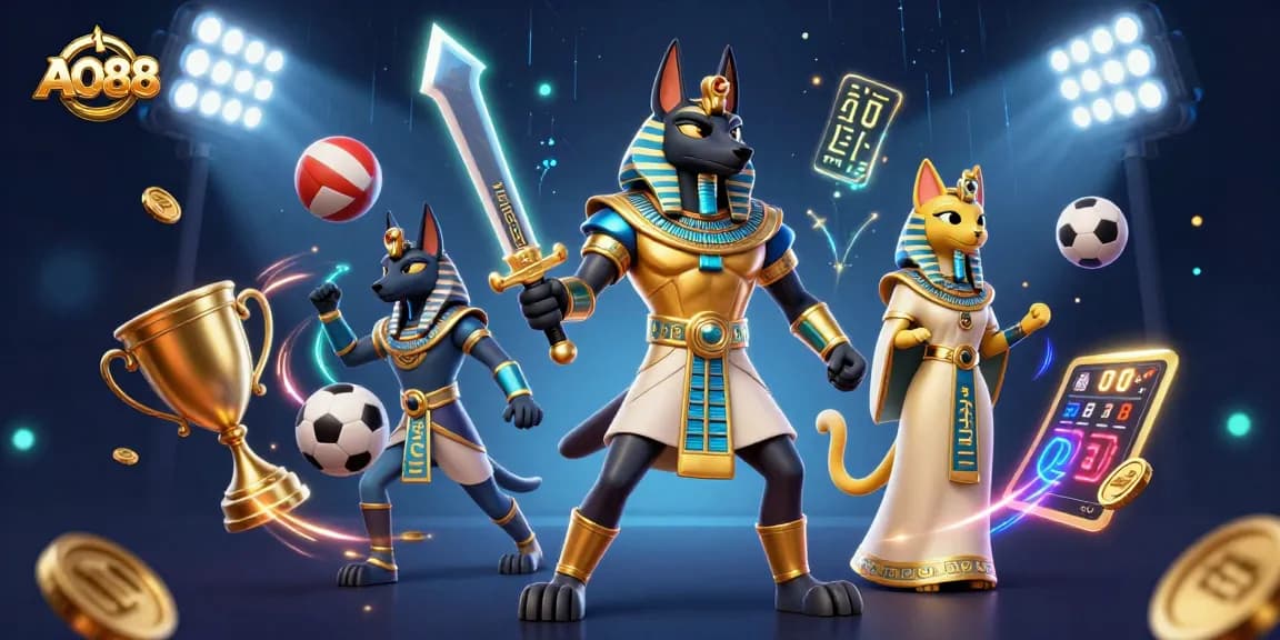 Join the adventure with AO88, featuring Anubis and Bastet amidst dynamic sports betting elements.