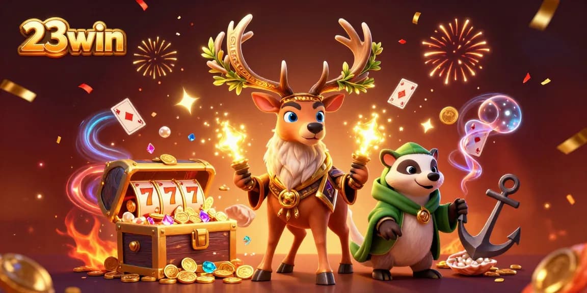Engage with 23win slot games featuring a Celtic druid stag and vibrant celebratory elements.