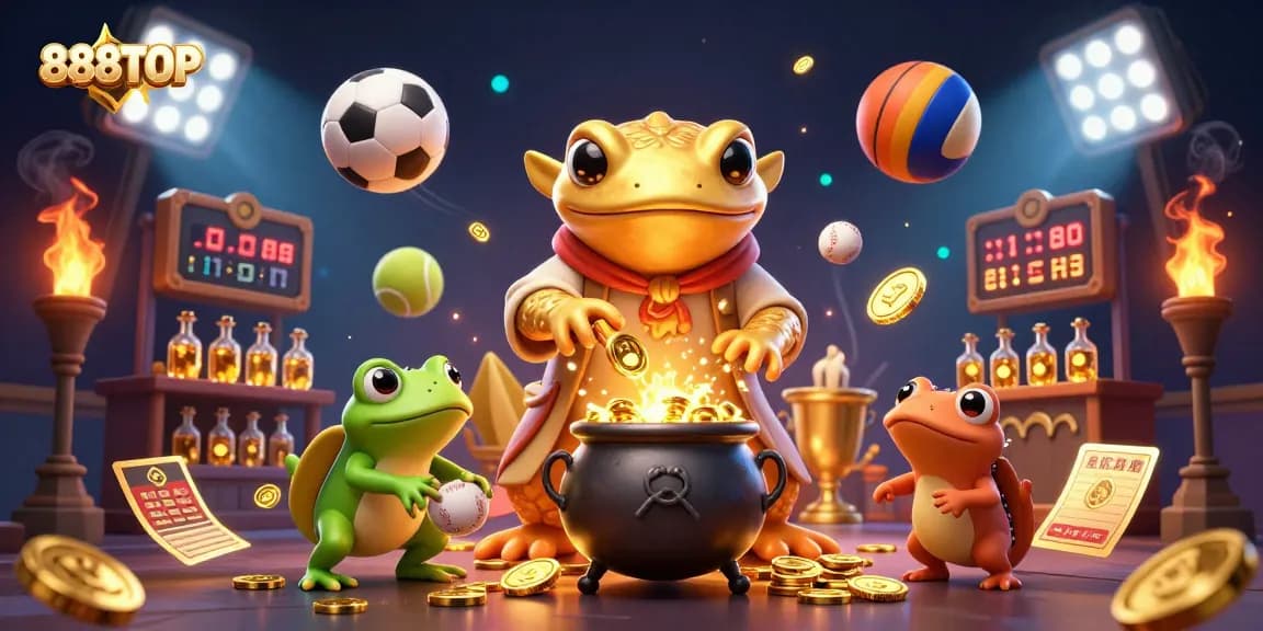 Experience thrilling action with 888TOP as golden coins and sports elements fly in this dynamic casino scene.
