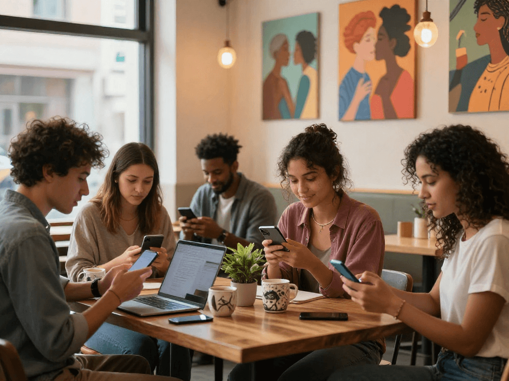 Social interaction among friends using f168 dating app in a café, showcasing modern dating culture.