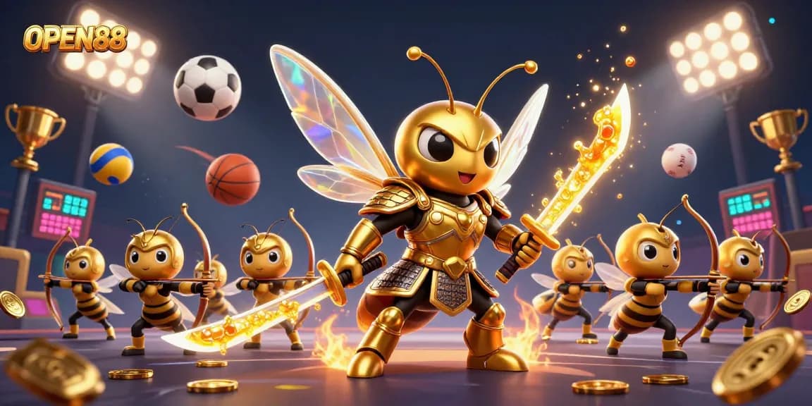 A vibrant illustration of OPEN88 featuring a golden hornet samurai with sports elements symbolizing winning strategies.