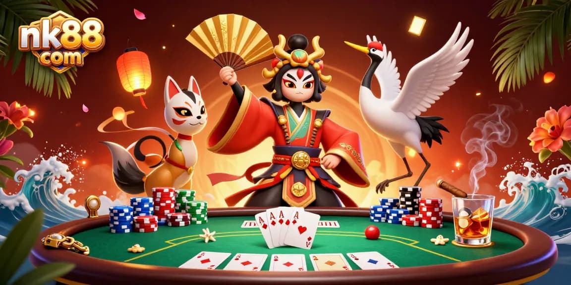 Engaging scene illustrating nk88 com with kabuki warrior and dynamic poker action.