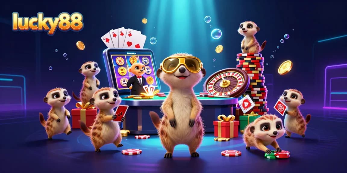 Experience lucky88's vibrant casino with lively meerkats, spinning slot games, colorful chips, and treasure-filled excitement.