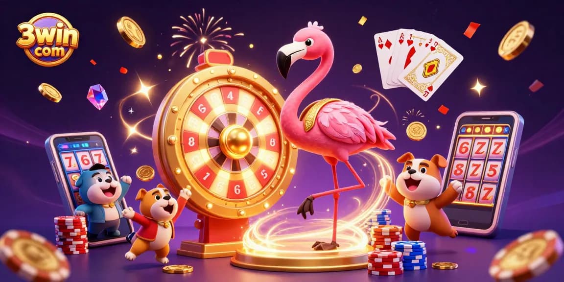 Excited moments at 3win com with a flamingo game show host and dynamic casino elements.