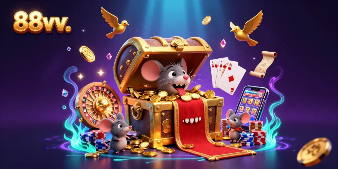 Engage with 88vv's vibrant casino scene featuring a golden treasure chest mimicking adventurer mice amidst dancing coins and treasures.