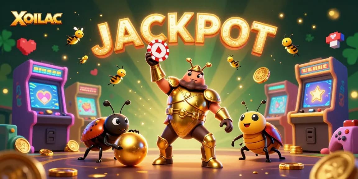 Experience the thrill with XOILAC as the gladiator beetle celebrates a jackpot in a vibrant casino scene.