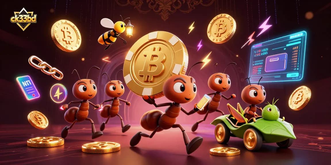 Engage in thrilling online gaming action at ck33bd with ants performing a heist amid vibrant cryptocurrency elements.