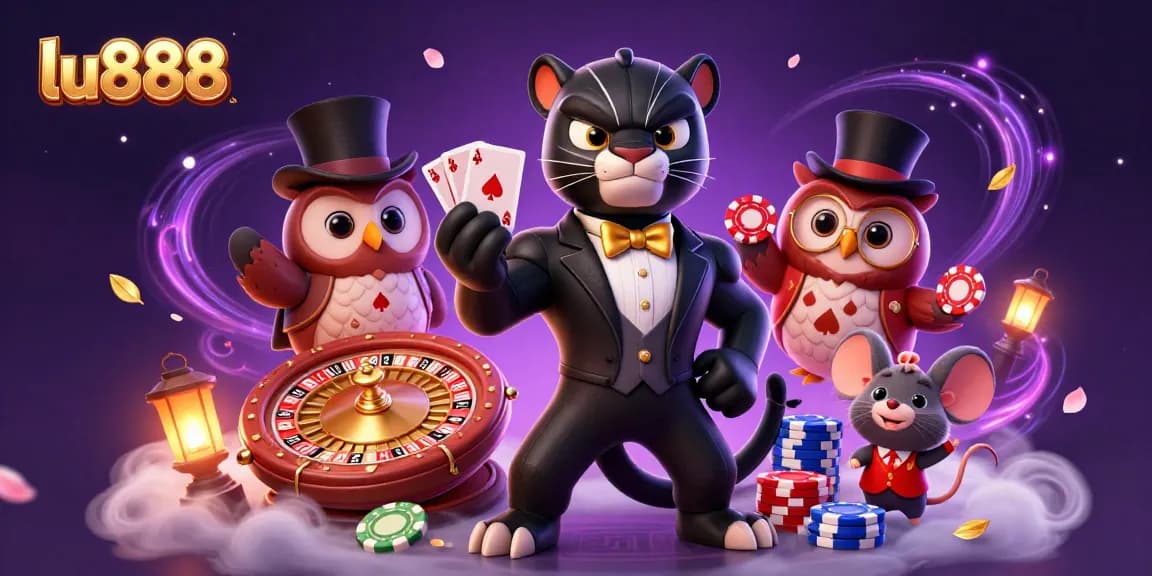 lu888 casino scene with a stylish panther dealer, owl, and lucky mouse amidst vibrant gaming elements