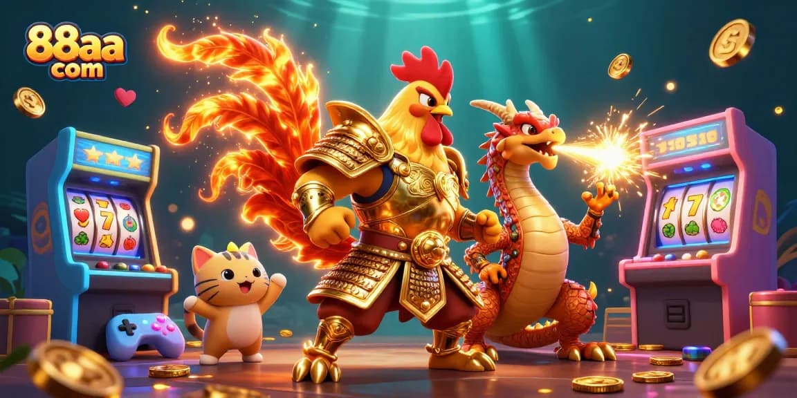 Experience the thrill of casino gaming with 88aa com featuring a heroic rooster and dragon in 3D.
