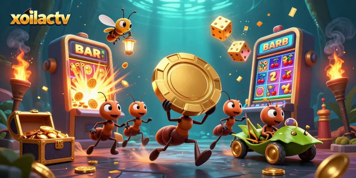 Xoilactv offers a vibrant casino experience with a dynamic scene of ants in a colorful heist.