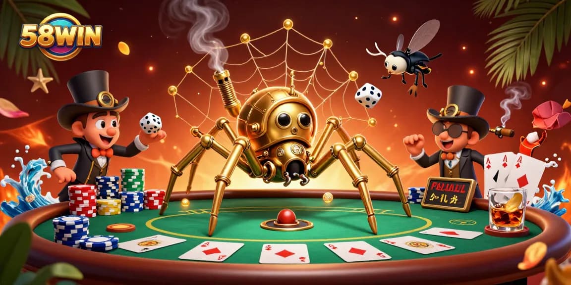 58WIN’s vibrant casino scene illustrates a steampunk spider and whimsical elements exciting players.