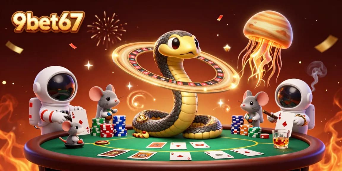 Bet on 9bet67 with a vibrant cosmic roulette scene featuring unique characters.
