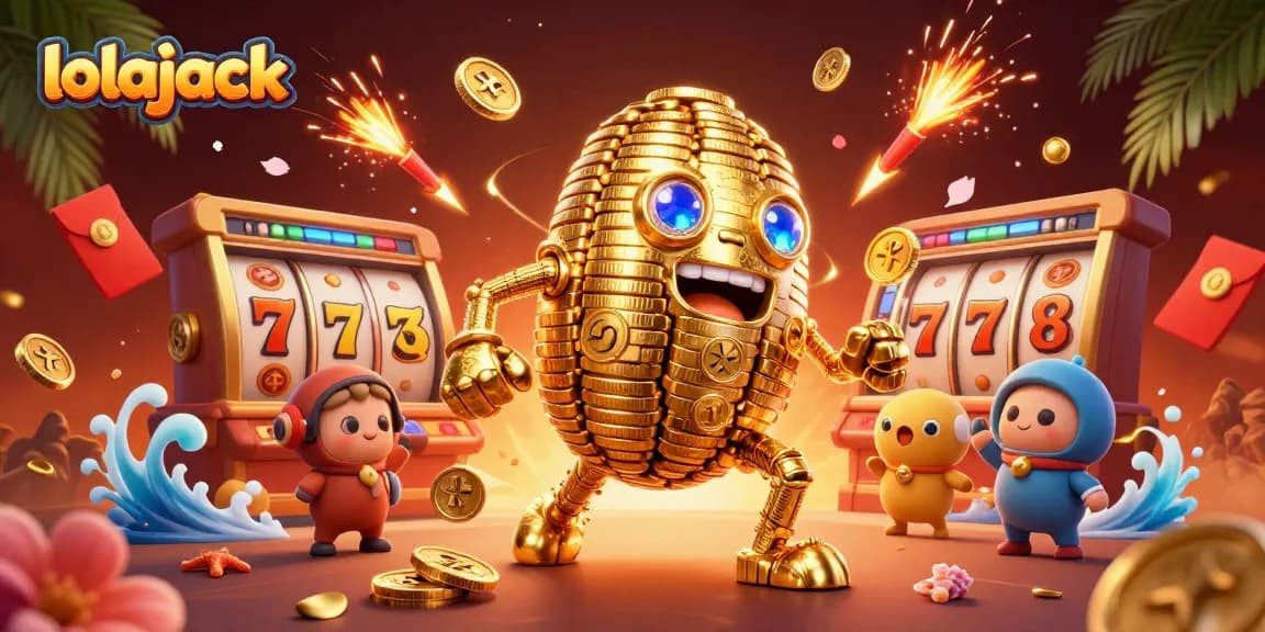 Engage in thrilling slots with lolajack's vibrant 3D casino scene featuring a golden golem.
