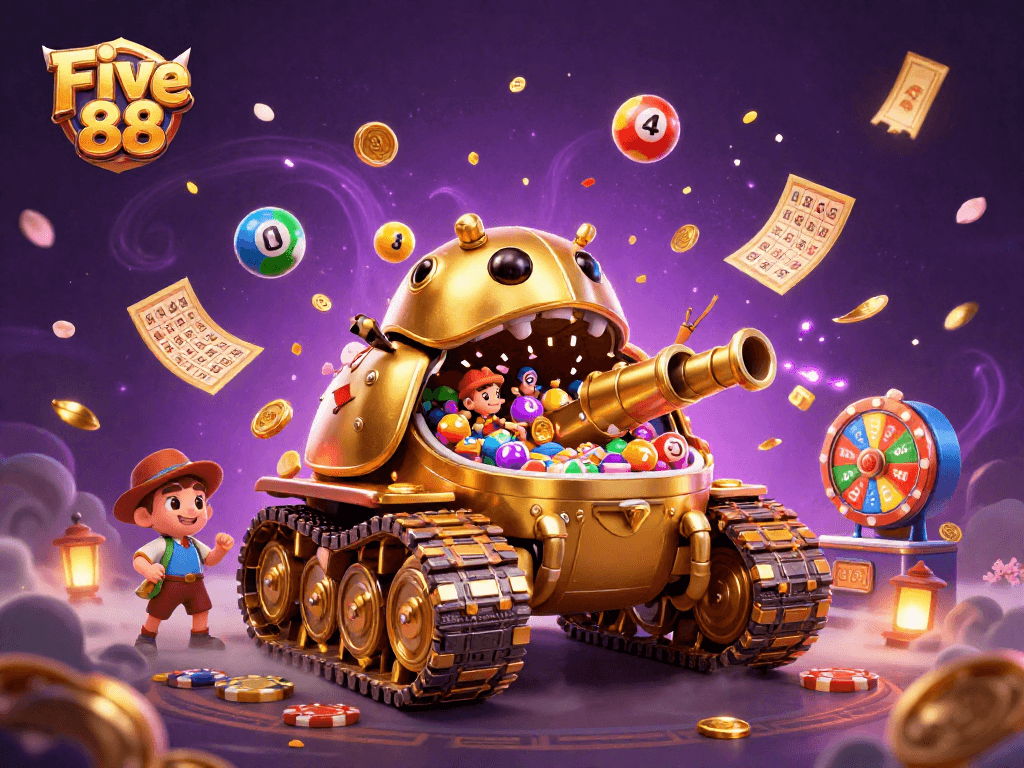Engage with dynamic gameplay at Five 88 with a vibrant 3D casino scene packed with lottery elements.