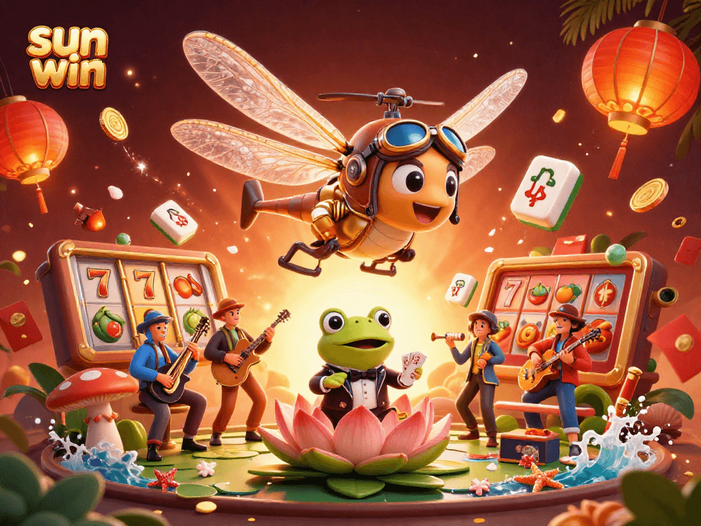 Play and win with sun win at an engaging lily pad casino, showcasing vibrant characters and festive elements.