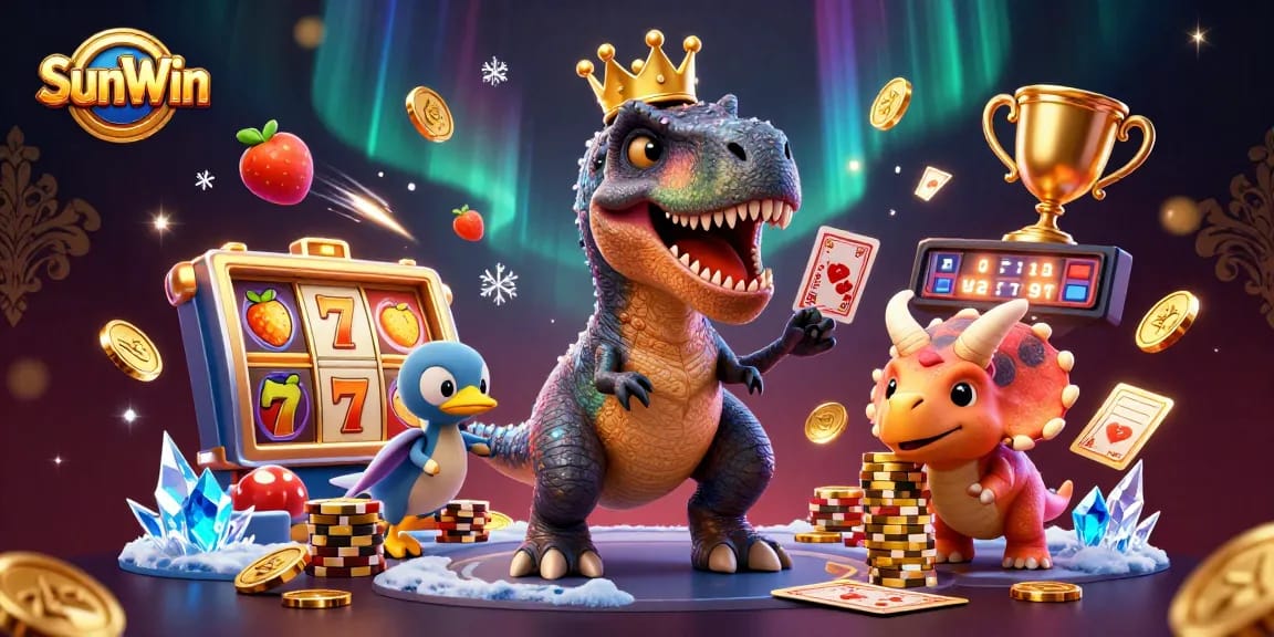 Experience thrilling gameplay at SunWin with a T-Rex and friends engaging in card battles and stacking chips.