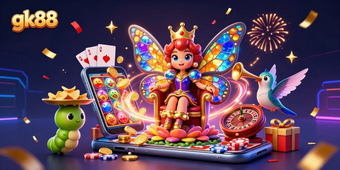 Gamble with gk88 in a vibrant casino scene featuring a magical butterfly queen.