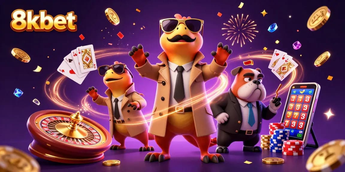 Experience the thrill of 8kbet as three raptors sneak into a VIP casino lounge, surrounded by golden coins and card games.