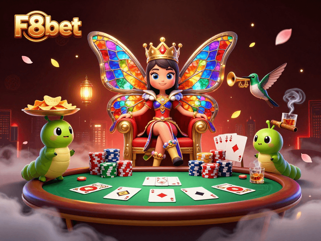 F8bet brings excitement alive with a mesmerizing butterfly queen surrounded by poker elements.