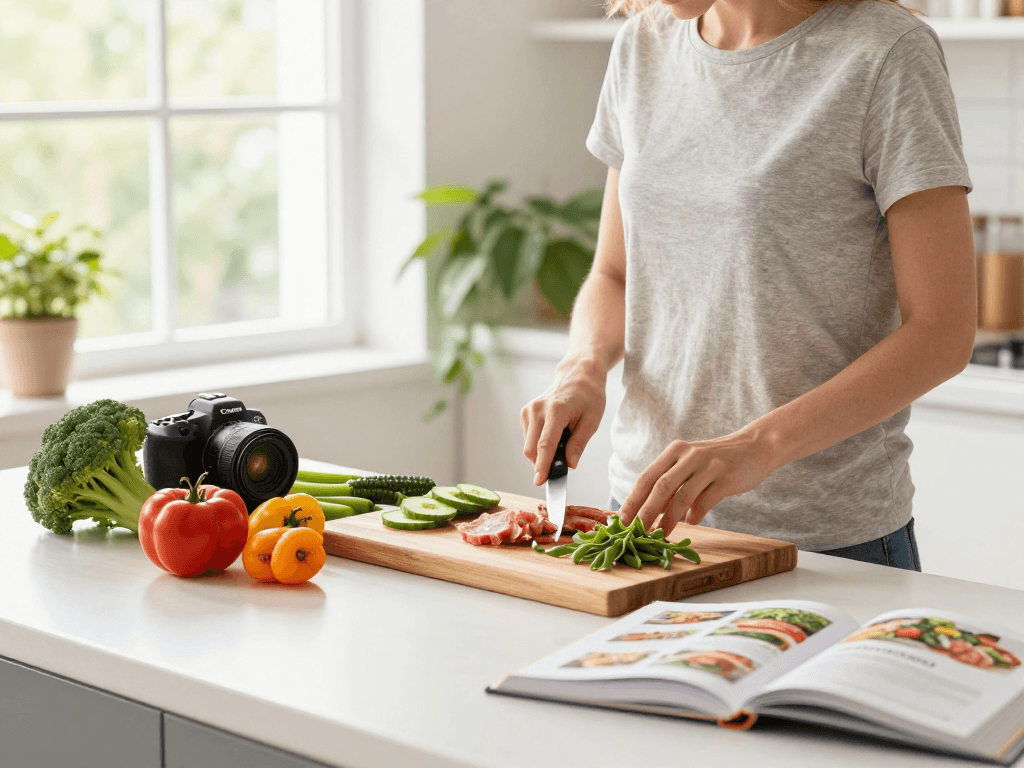 Preparing a healthy meal with rokok 88 ingredients in a bright kitchen.