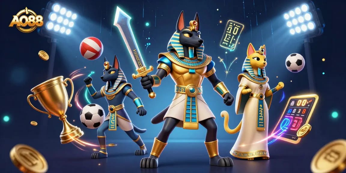 Join the adventure with AO88, featuring Anubis and Bastet amidst dynamic sports betting elements.