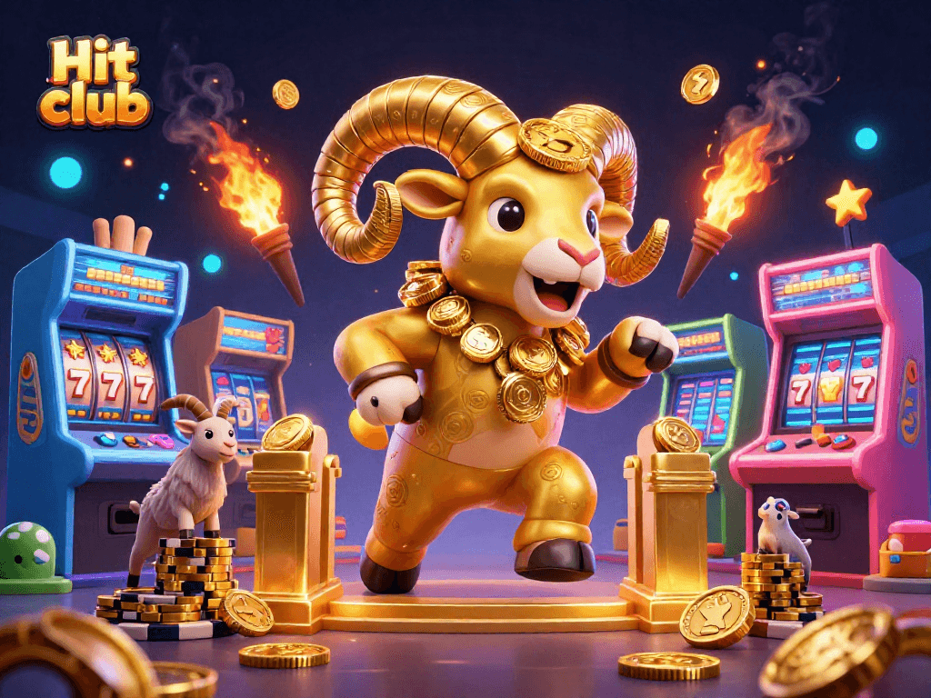 Experience excitement at Hit club with the golden ram charging through a vibrant casino game world.
