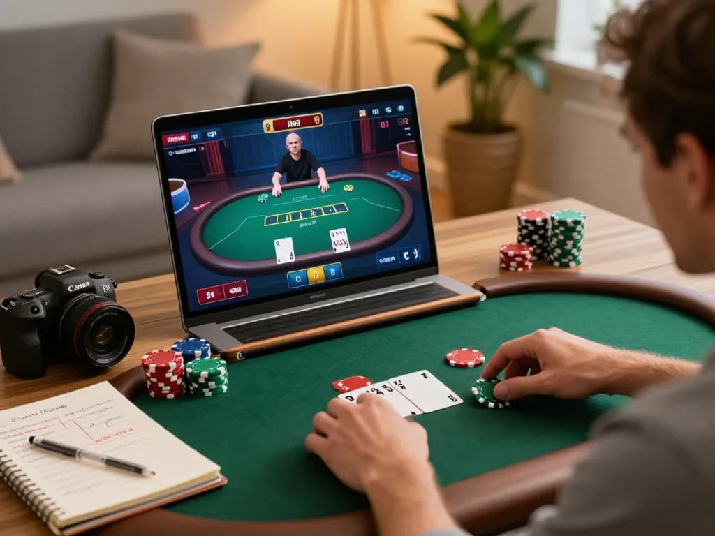 Engaging online poker gameplay on a laptop, showcasing 789win casino's immersive live dealer experience.
