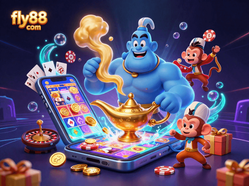 Engage with thrilling games at fly88 com in this vibrant, action-packed 3D casino illustration, featuring exciting slot elements.