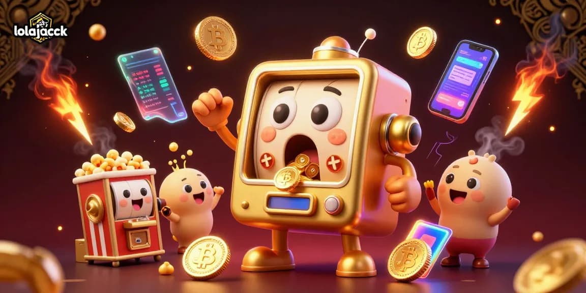 Lolajack Casino highlights a golden slot machine celebrating a jackpot win amidst colorful craft coins and crypto elements.