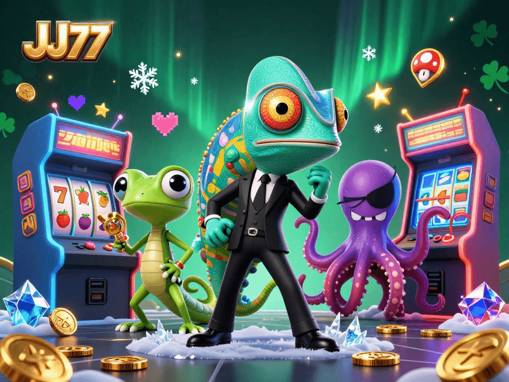 Engage with JJ77's thrilling casino adventure featuring colorful slot machines and dynamic characters.