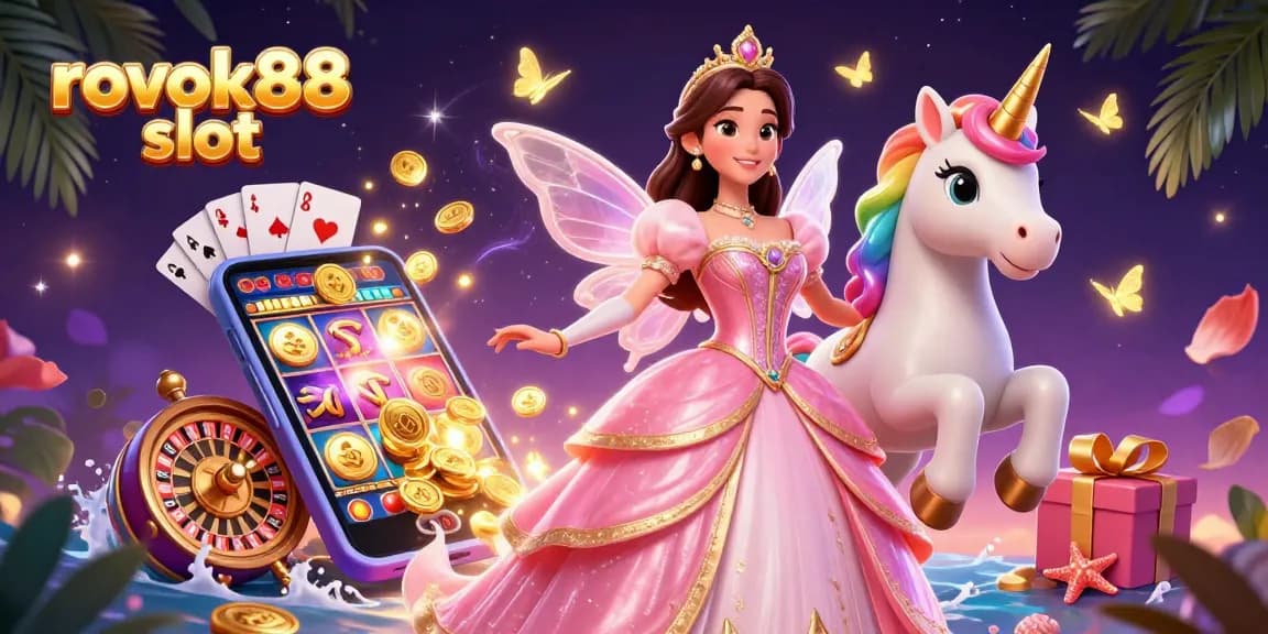Experience the thrill of rokok88 slot with a vibrant casino illustration featuring a glamorous princess and golden unicorn.