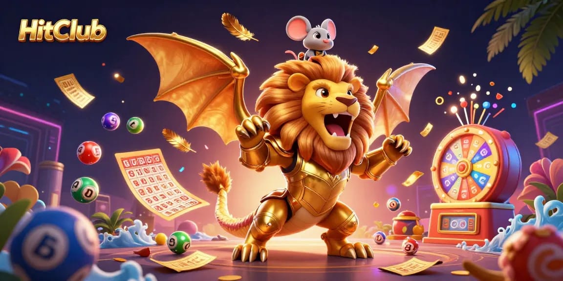 Experience the thrill of winning with HitClub, featuring a chimera and vibrant casino elements in dazzling 3D.