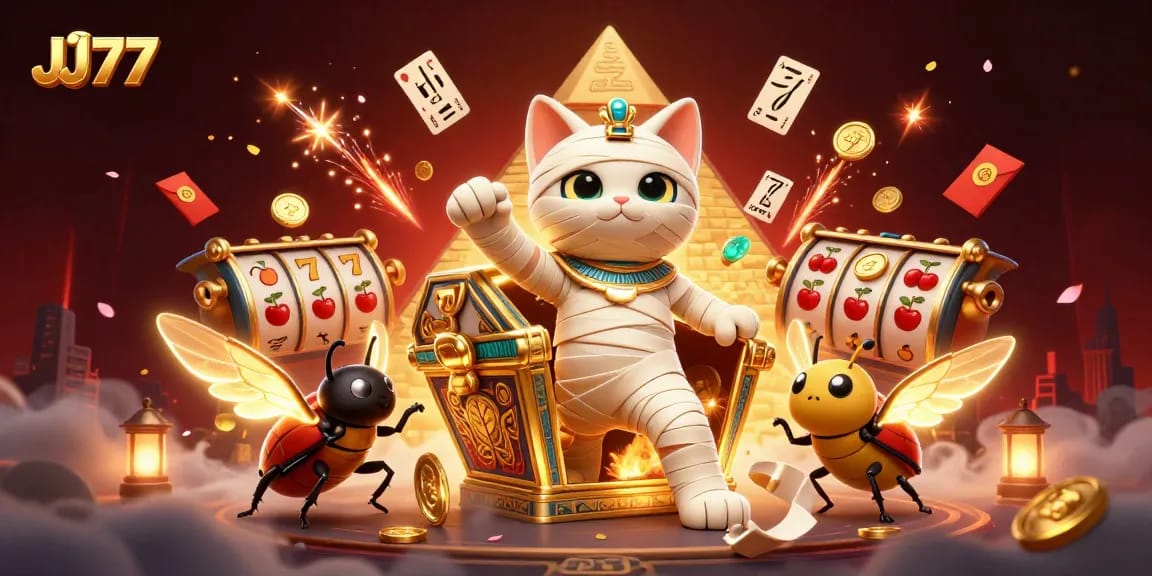 Play thrilling slots and games at JJ77 with dynamic characters in an exciting casino atmosphere.
