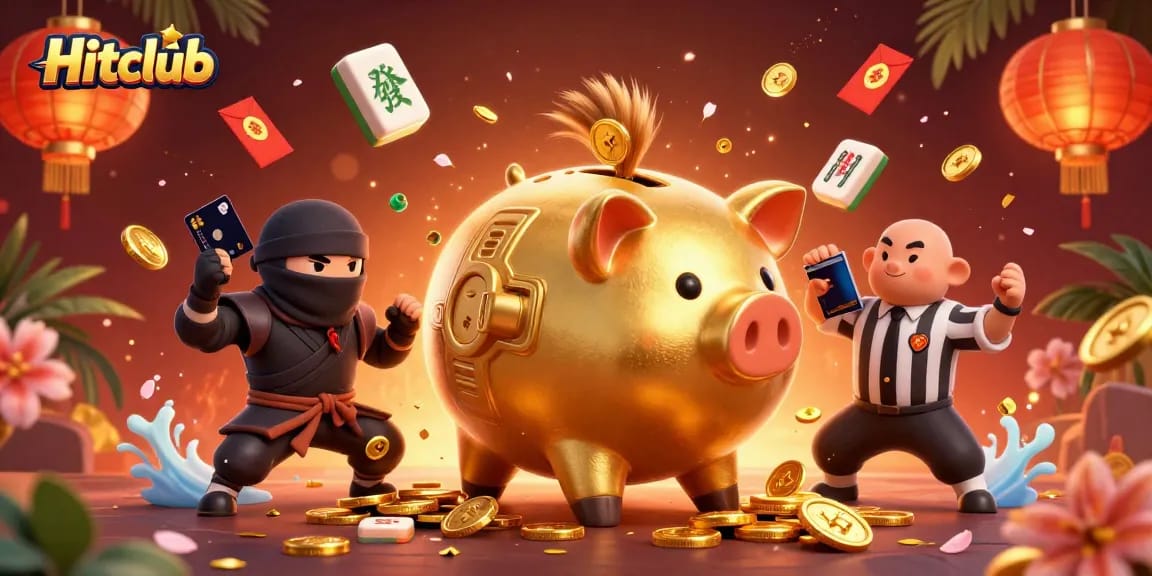 Hitclub showcases thrilling gameplay with a cheerful sumo wrestler piggy bank amid golden riches.