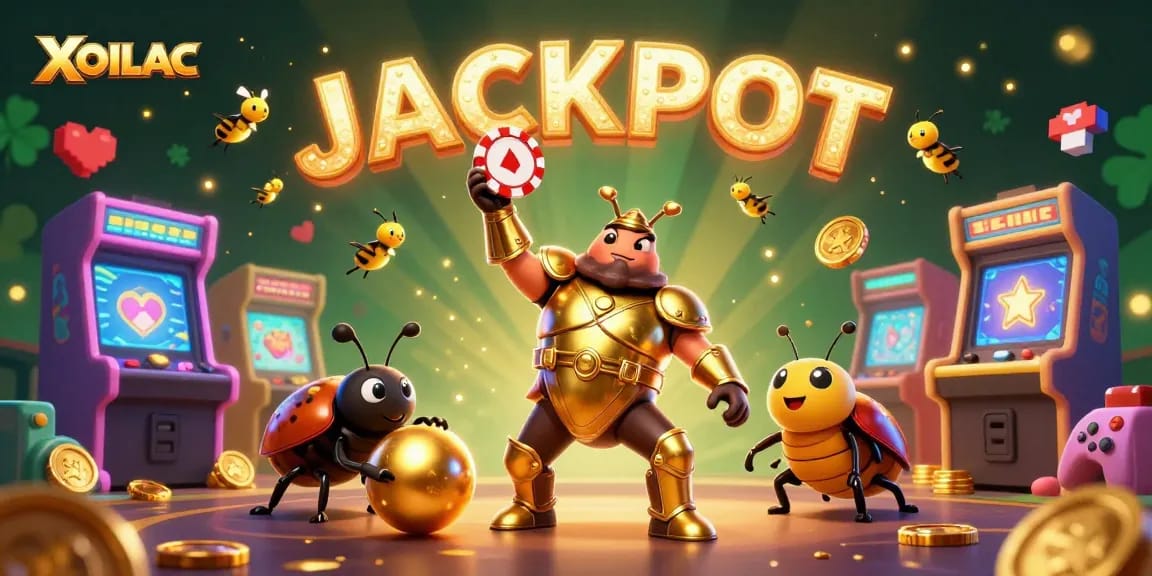 Experience the thrill with XOILAC as the gladiator beetle celebrates a jackpot in a vibrant casino scene.
