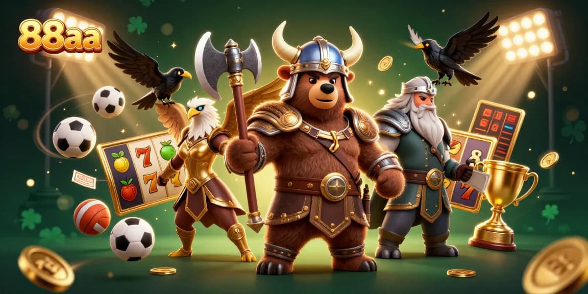The 88aa casino scene showcases vibrant characters, slot reels, and sports elements for a rich gambling atmosphere.