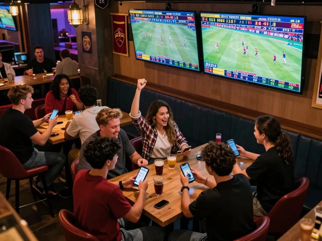 Friends enjoying thrilling sports betting at Jun88 Official lounge, immersed in live game action.