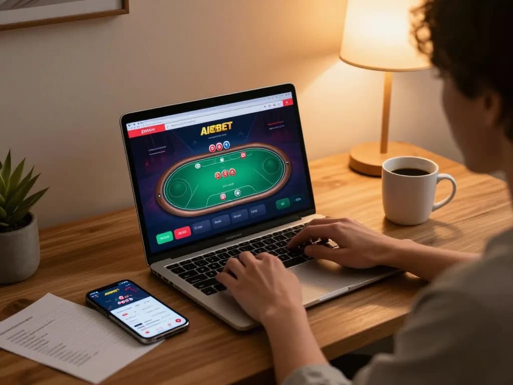 A player engaging in online poker at AI88BET, showcasing their strategy notes in a cozy home environment.