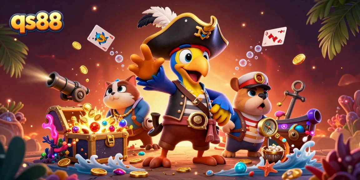 Engage in thrilling gameplay at qs88 with pirate-themed characters, treasure, and animated game elements.