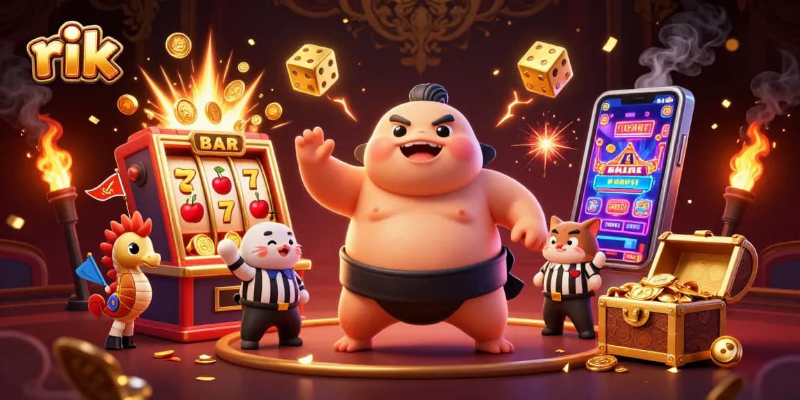 rik engages players in a vibrant slot game scene with a fugu, catfish, and seahorse characters.
