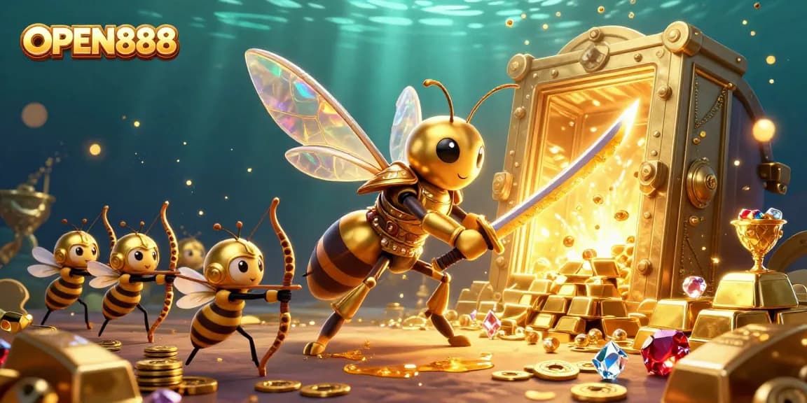 Immerse in the vibrant OPEN888 world, surrounded by golden treasures and animated characters in a dynamic casino theme.
