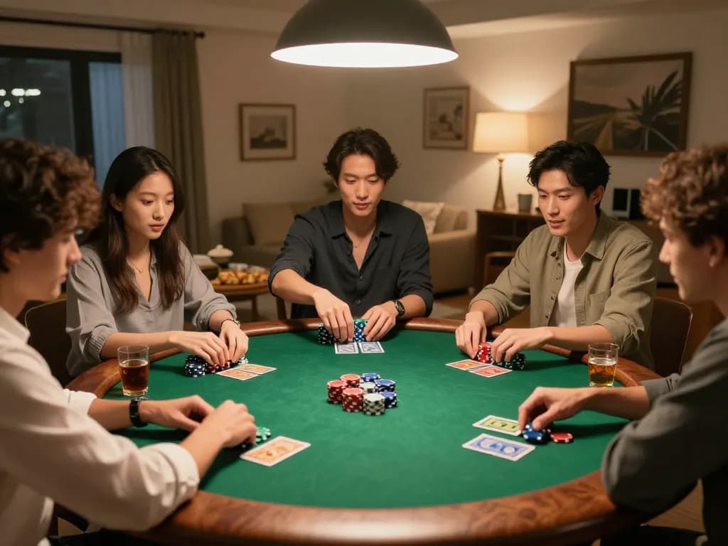 Teman-teman terlibat dalam permainan poker yang meriah di rumah, menampilkan permainan dan strategi bertema rokok 88.