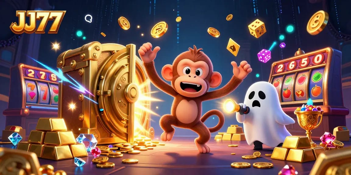 JJ77 app's exciting atmosphere featuring a magical monkey, treasures, and a ghost-hunter puppy in a casino scene.