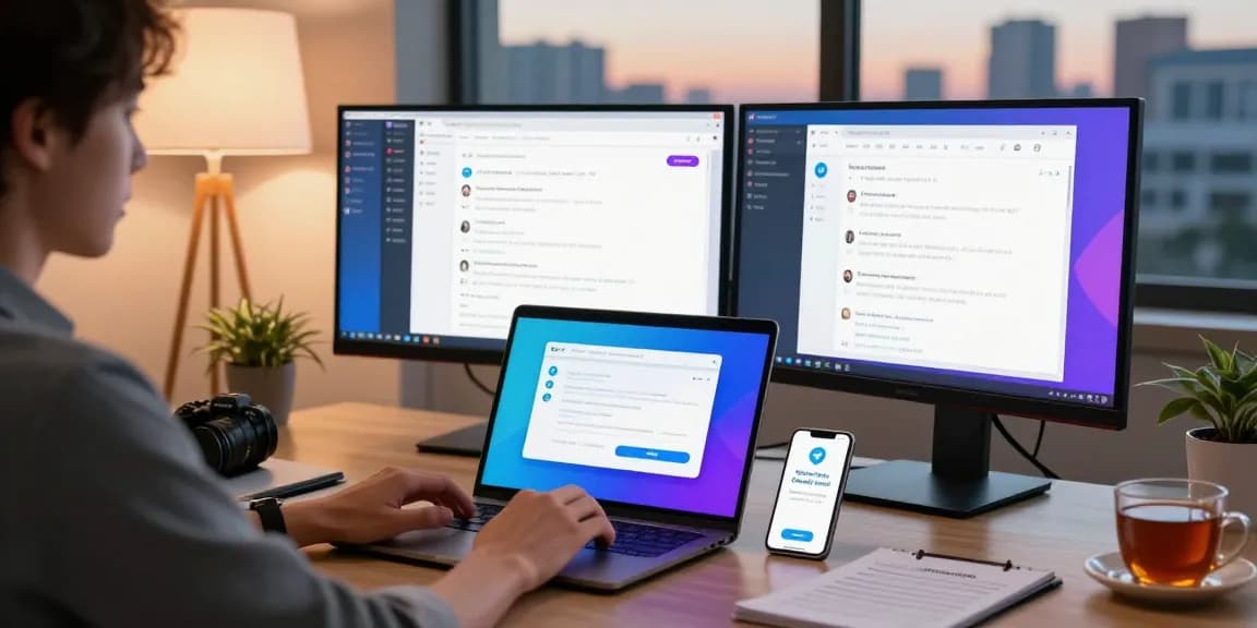 Using the Telegram Chinese Version app in a modern workspace with laptop and smartphone.