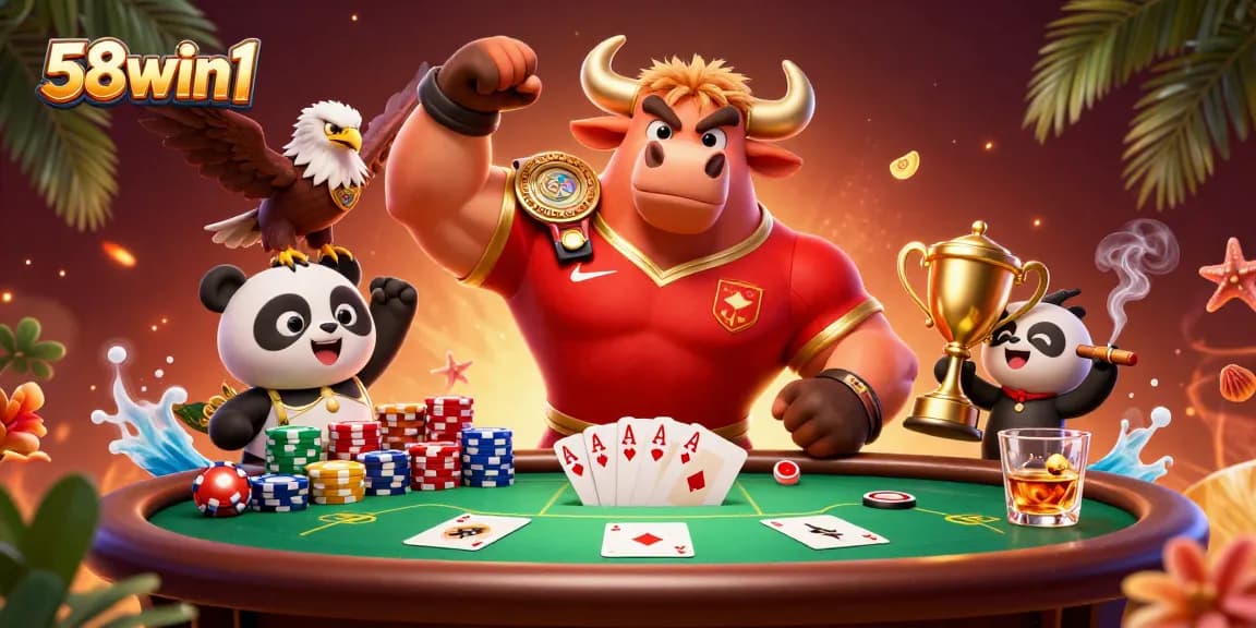 Experience excitement at 58win1 with a dynamic casino scene featuring a bull mascot, eagle, and panda.