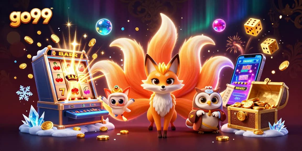 Engage with go99's vibrant casino world featuring a fox spirit, an owl sage, and jackpot thrills.