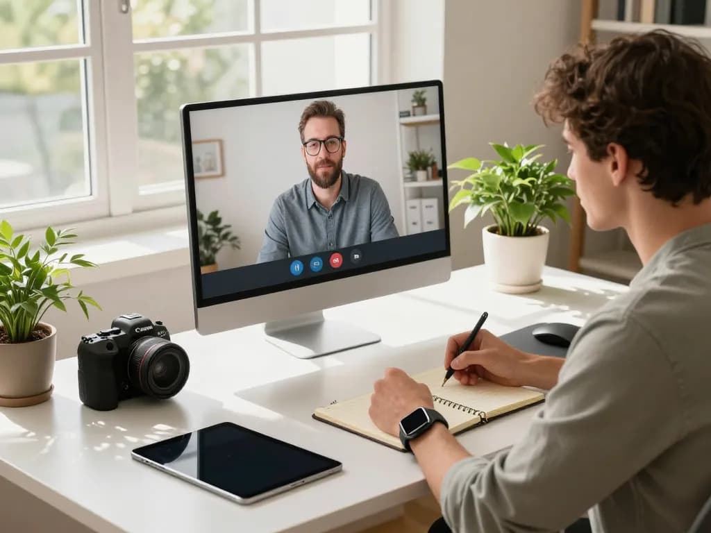 Individual utilizing smart tech gadgets in a modern home office, enhancing productivity and comfort.