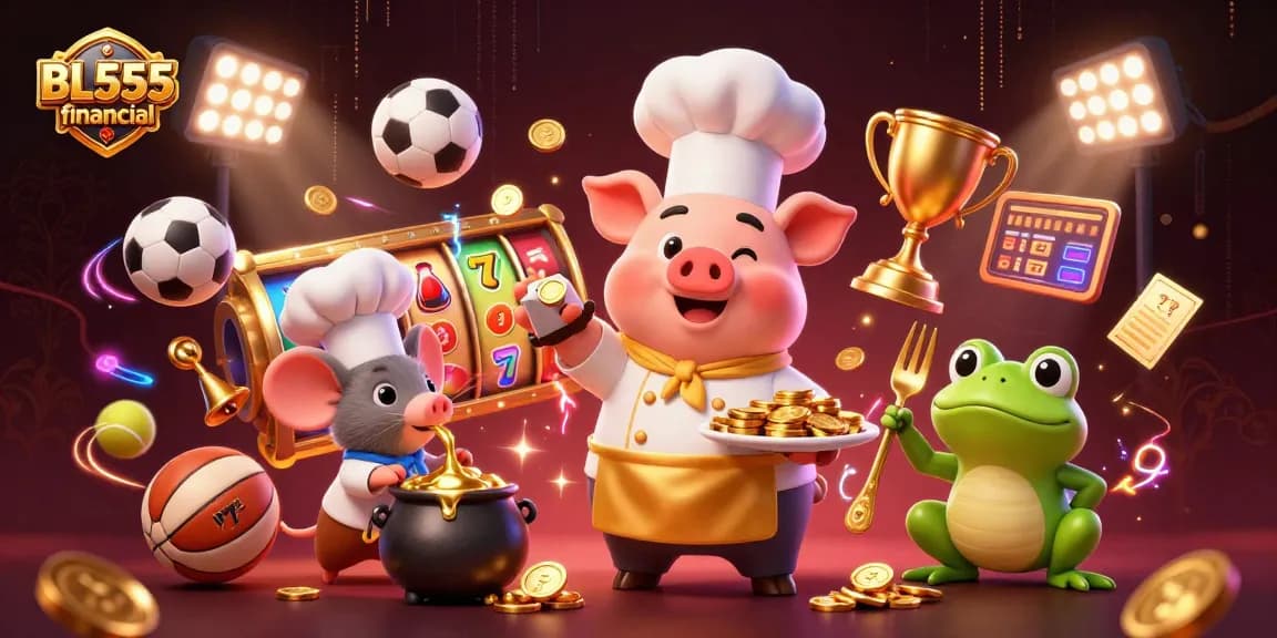 Engage in exciting gameplay with BL555 financial, featuring dynamic slot reels amidst vibrant casino elements.