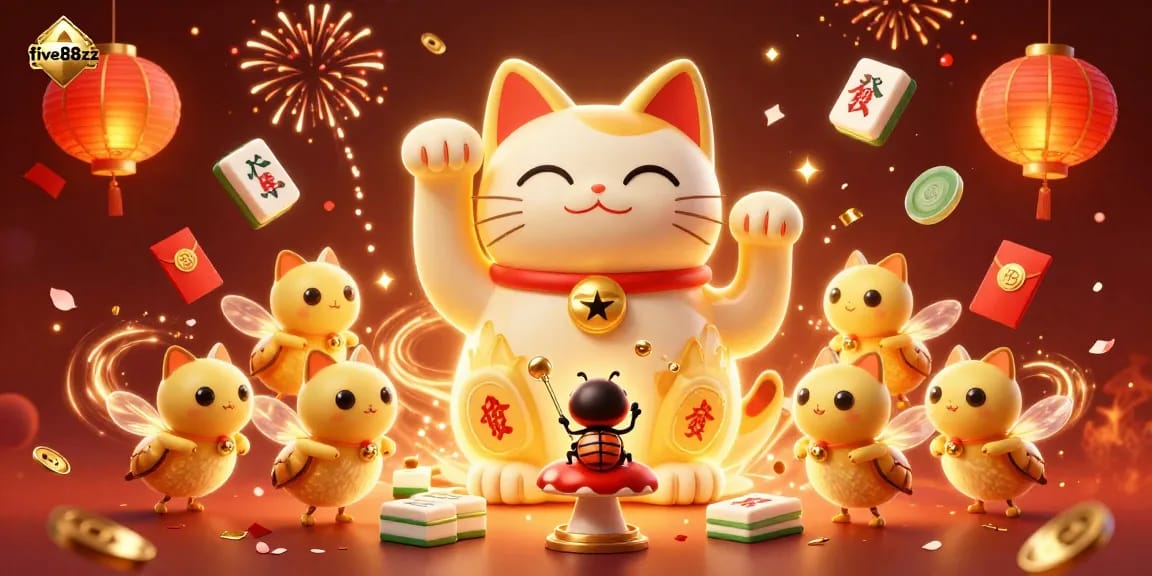 Experience the vibrant excitement of five88zz with a golden lucky cat illustration amidst casino symbols.