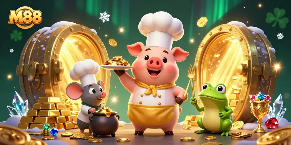 M88's dynamic gaming scene showcasing a chef pig serving gold coins, surrounded by vibrant treasures and playful characters